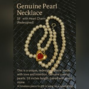 Genuine Pearl Necklace – 18” with Heart Charm (Redesigned)